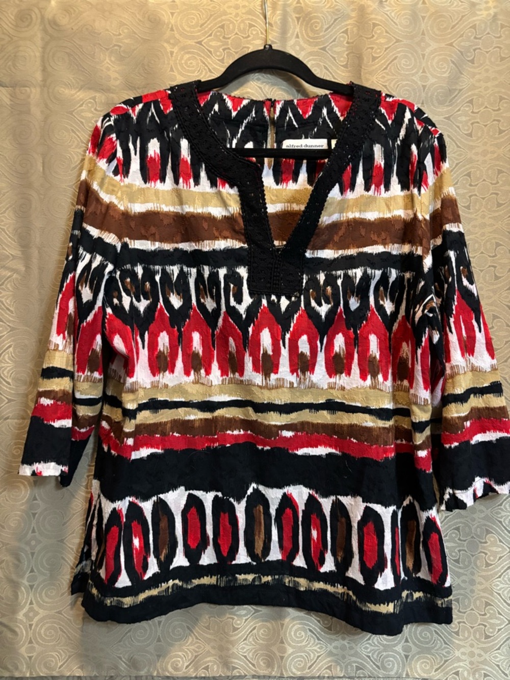 Alfred Dunner Black, Red & Brown Ikat Stripe Tunic